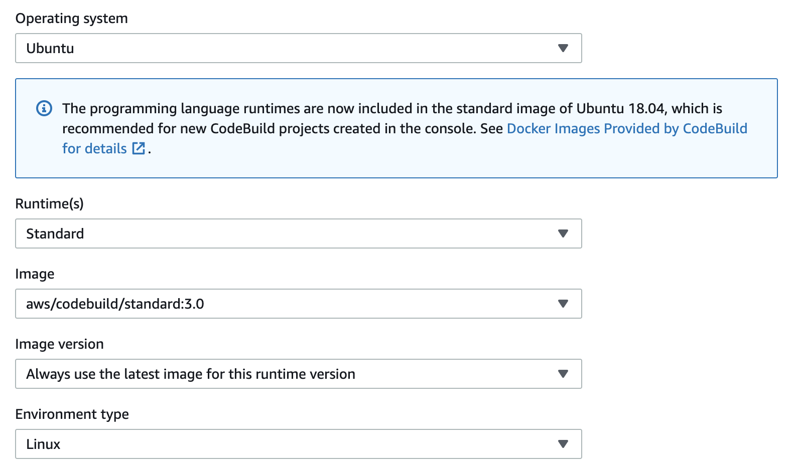 Exemple de configuration CodeBuild dans la console AWS